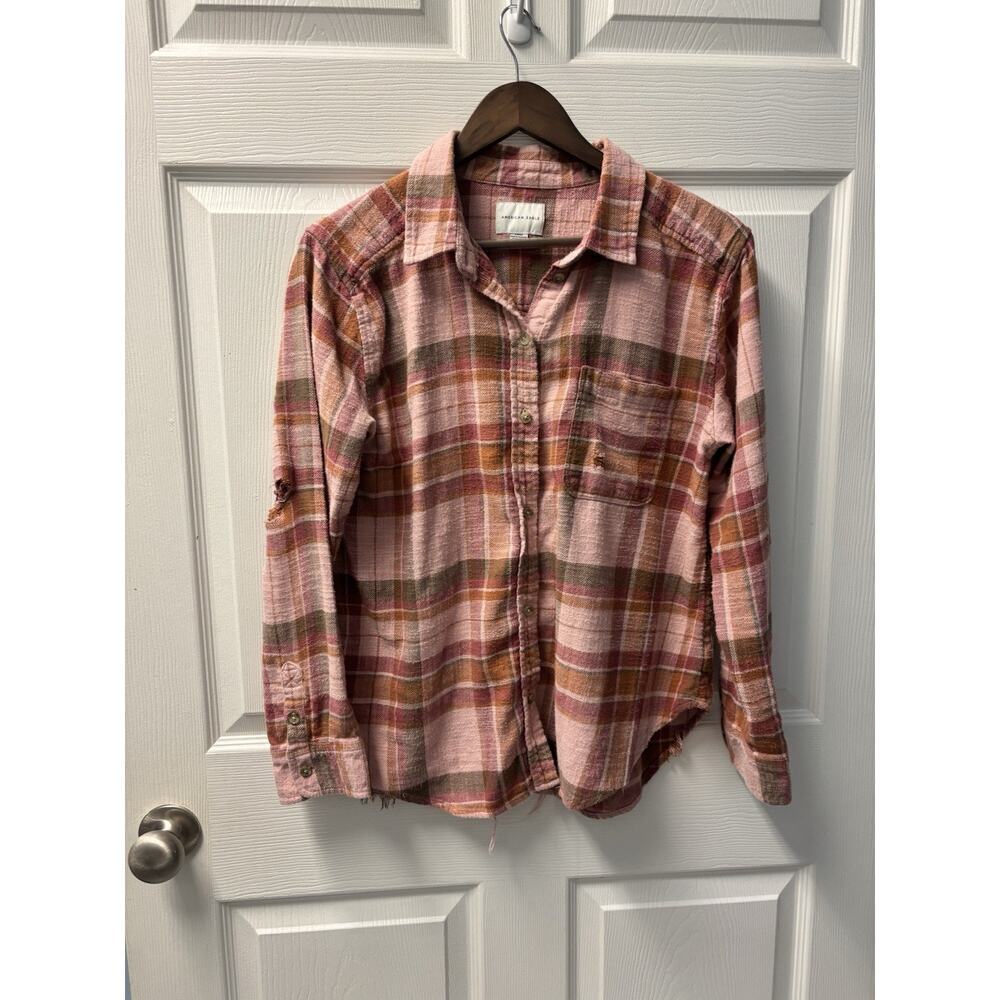 American Eagle Distressed Flannel Shirt Women Size S